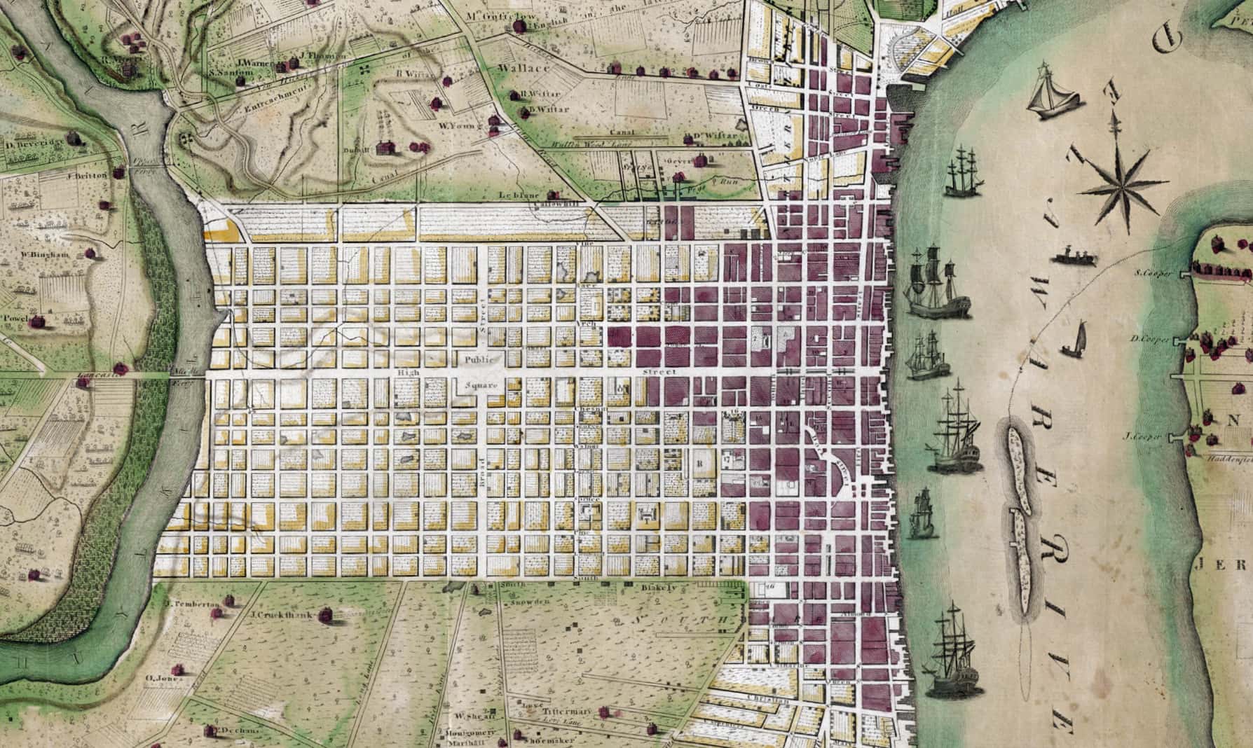 The 1683 plan for Philadelphia was designed in a grid pattern from river to river. This c. 1796 map shows that the city grew instead from east to west along the Delaware River and expanded north to south along the riverfront. The large brownringed, rounded rectangle in the upper left corner is a high flat landform called the Faire Mount, the future sight of the reservoir and Water Works. Natural streams are delineated by winding black lines; many streams were eventually covered over and used as sewers and the infilled land became the foundation for building development, particularly of row home (Source: P. C. Varle, artist, and Scott, engraver)